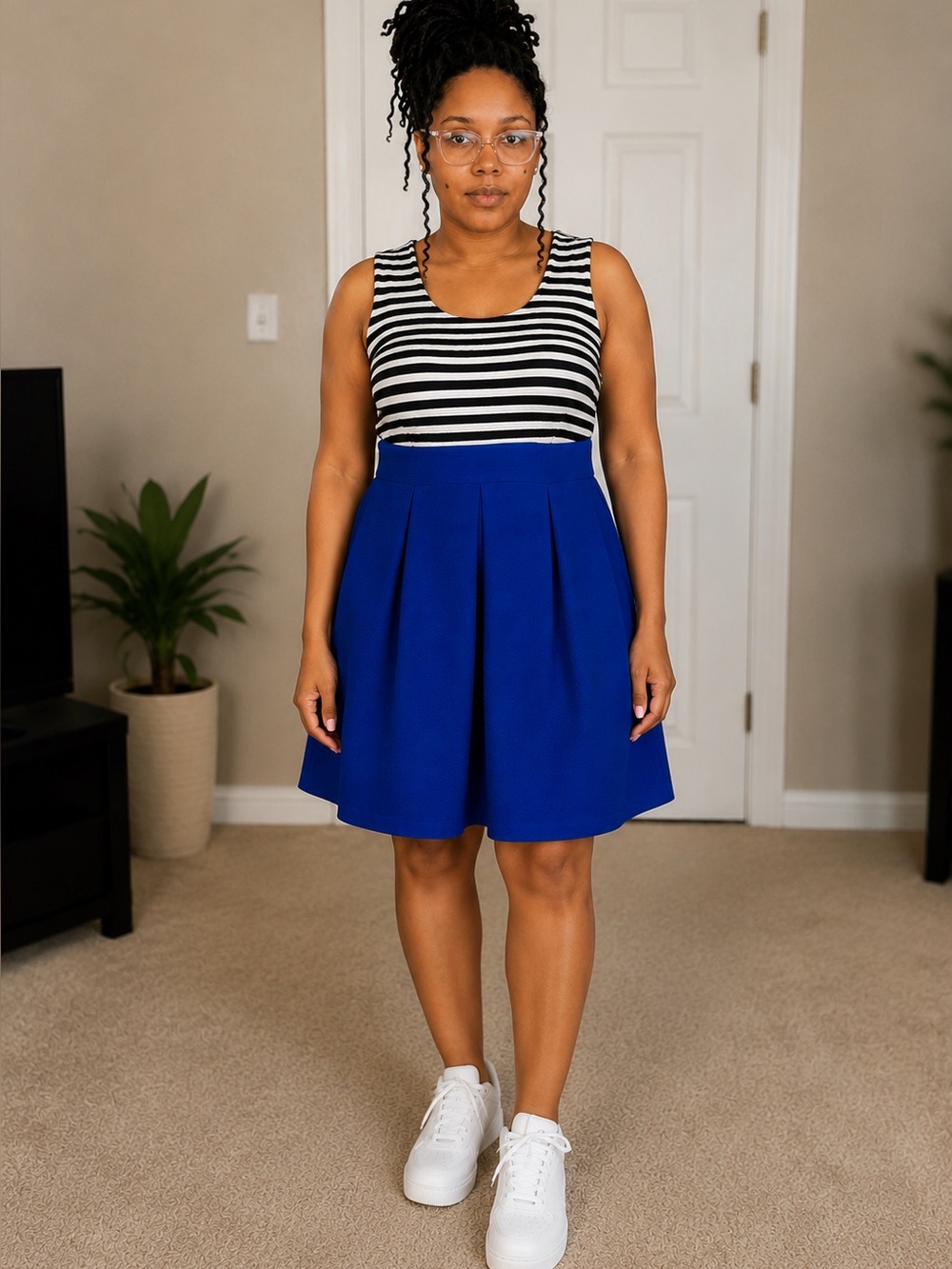 Black white and blue dress